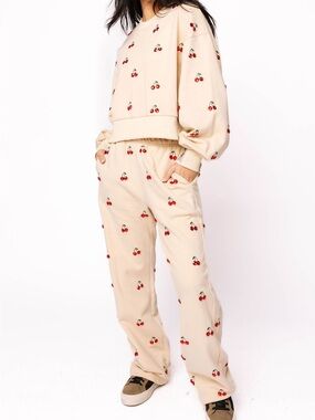 Queen of Sparkles Beige Jeweled Cherry-Print Sweatshirt & Sweatpants